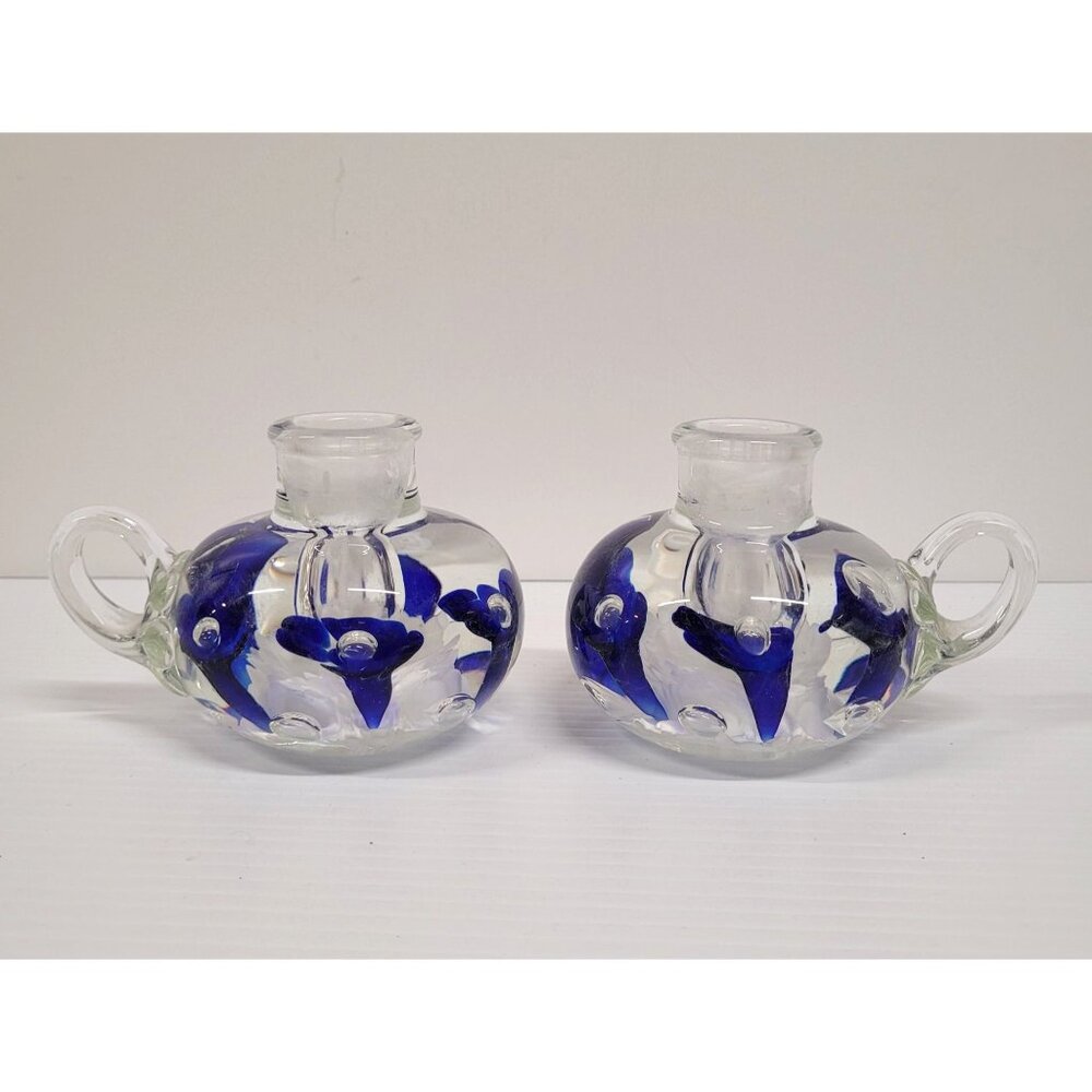 Joe Rice Hand Blown 2 Candle Holders 1998 Taper Paperweight Cobalt Blue White